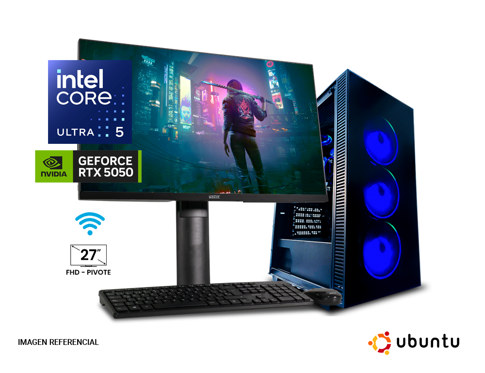 PC GAMER Ultra 5 225, 32GB DDR5, 1TB SSD M.2, RTX 5050 8GB, Wi-Fi 6 + Monitor 27" + KW105